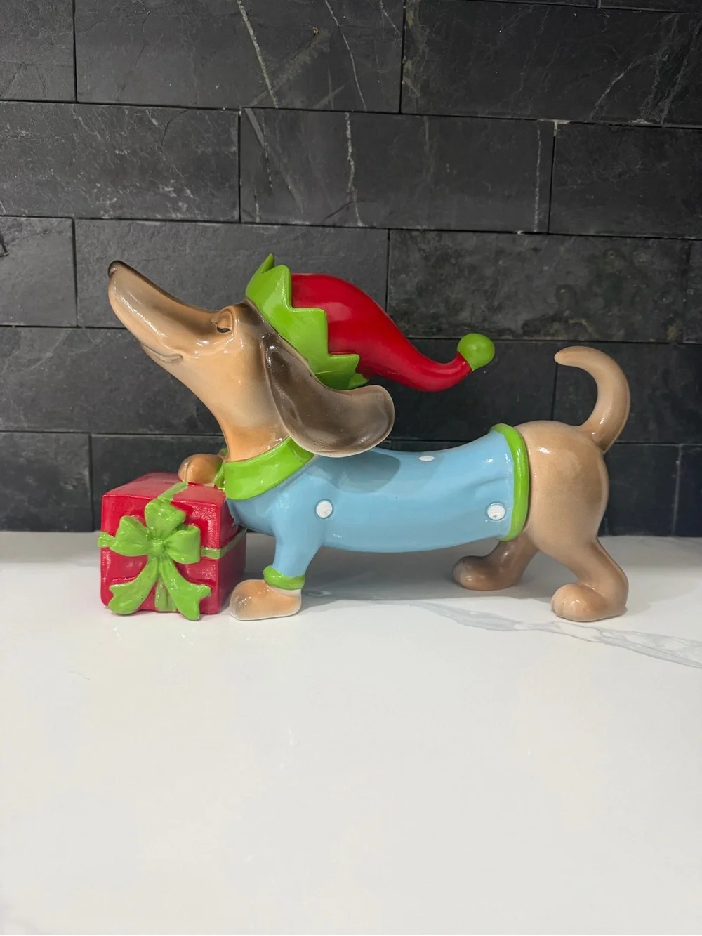 Festive Dachshund Dog Figurine Christmas Decor - Blue & Red